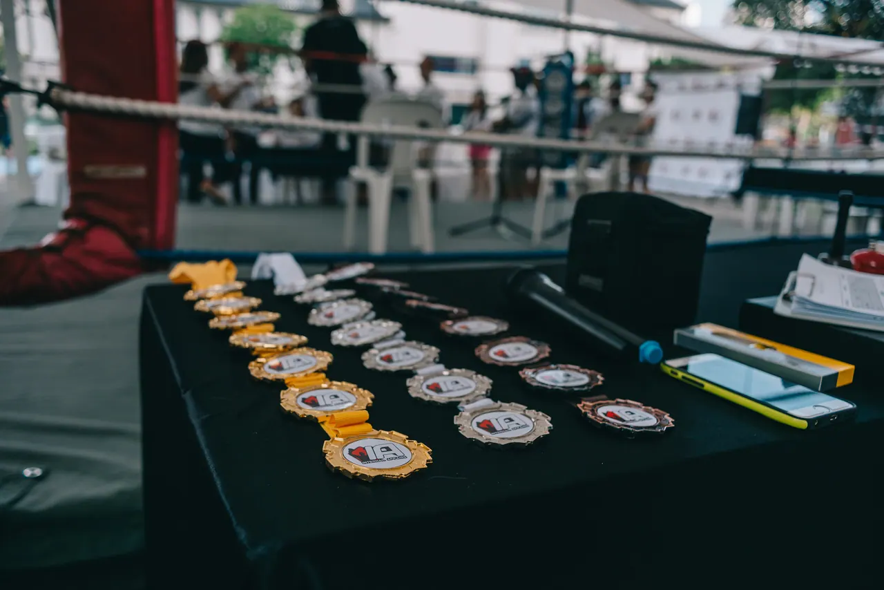 Rows of medals on a black table.
