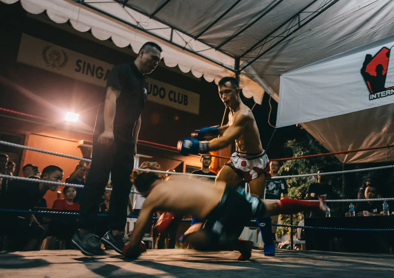 A fighter falls as the referee watches.
